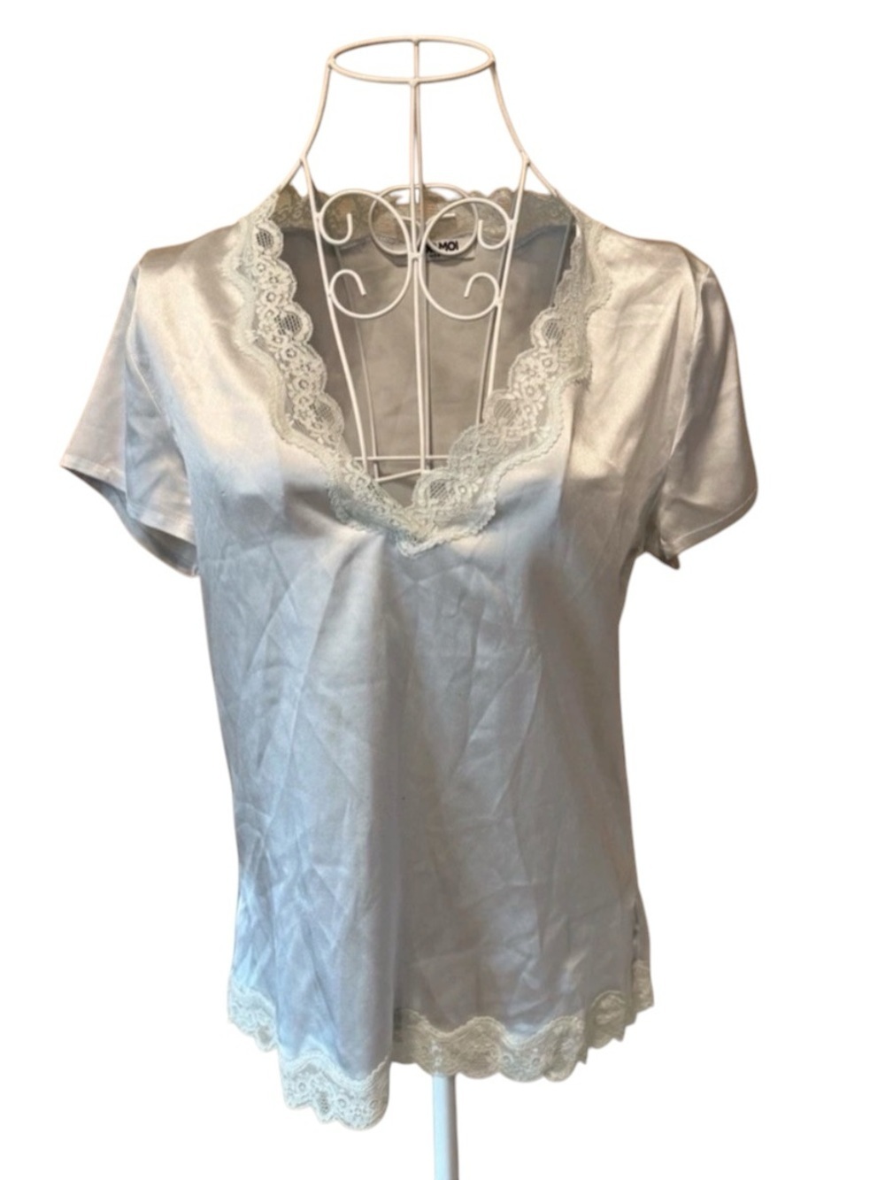 Max & Moi Silk Blouse Pale Green Lace Trim V-Neck Short Sleeve FR40 US 8